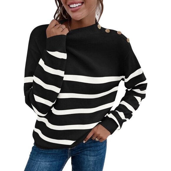 Women Knit Sweater Long Sleeve Turtleneck Color Block Striped Casual Top - Picture 2 of 5